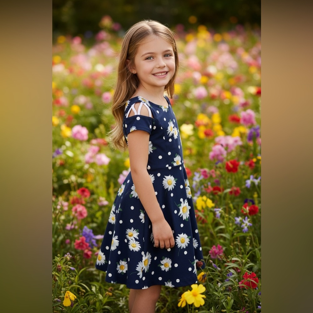 Bonnie Jean Navy Daisy & Polka Dot Fit-and-Flare Dress Girls Size 10